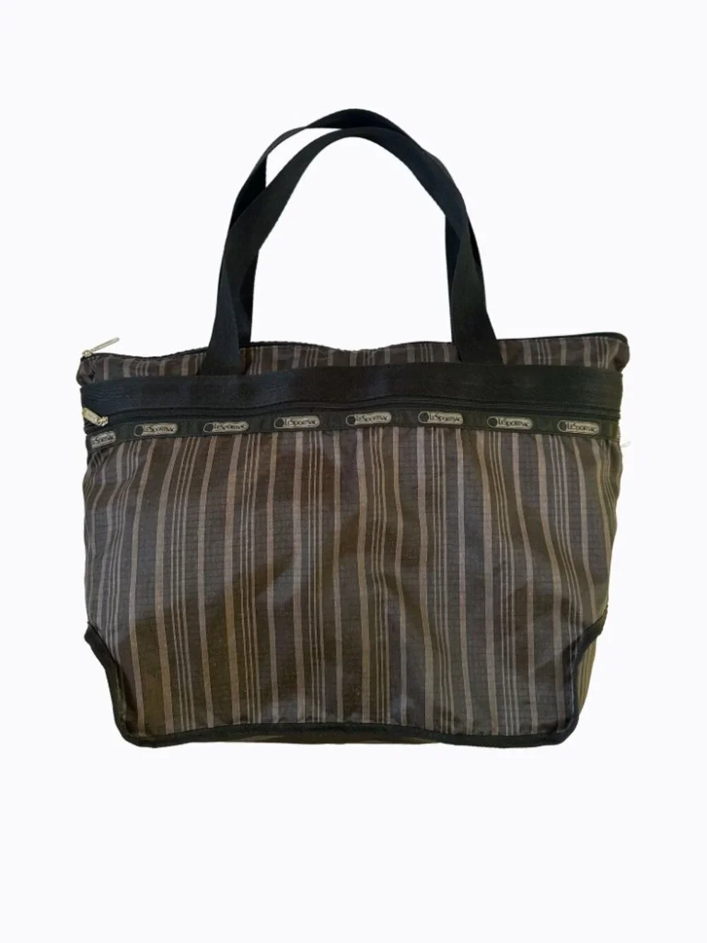 Vtg 90s LeSportsac Brown Striped Nylon Ripstop Tote Bag Weekender Travel Utility
